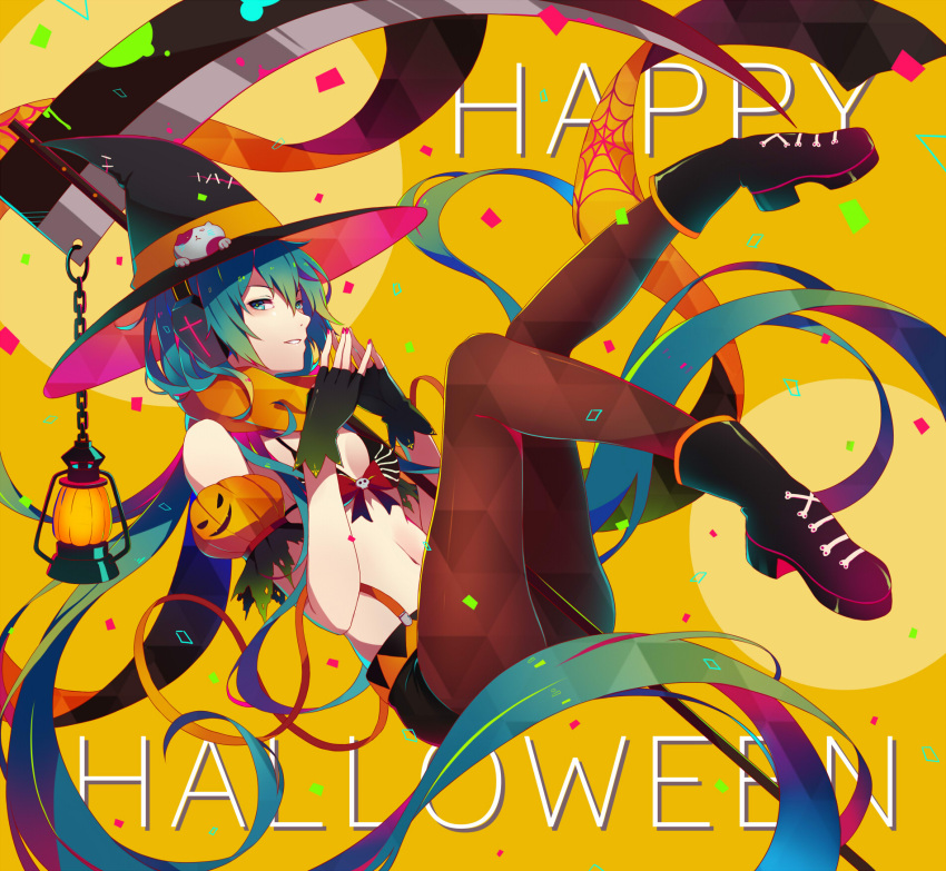 1girl absurdly_long_hair chain fingerless_gloves from_side gloves green_eyes green_hair halloween happy_halloween hat hatsune_miku highres lantern long_hair looking_at_viewer navel ng_(chaoschyan) pantyhose scythe solo very_long_hair vocaloid witch_hat
