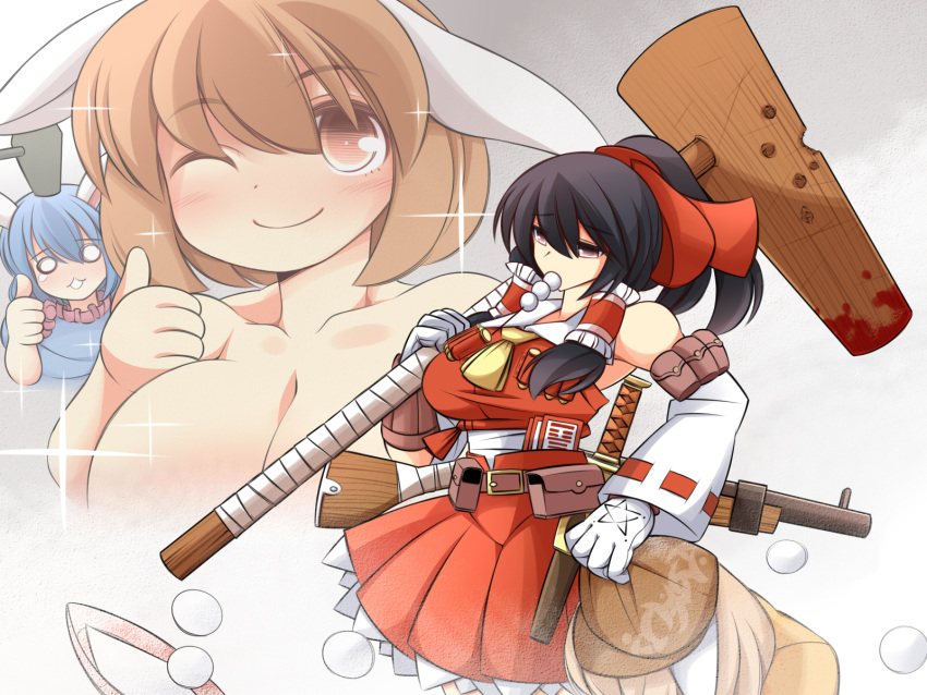 3girls animal_ears ascot belt black_hair blue_dress blue_hair breasts brown_eyes brown_hair bullet_hole dango detached_sleeves dress ears_down food gloves gun hair_ribbon hair_tubes hakurei_reimu happy highres holding_clothes large_breasts mallet mouth_hold multiple_girls nude one_eye_closed out-of-frame_censoring ponytail rabbit_ears red_skirt ribbon ribbon-trimmed_sleeves ribbon_trim ringo_(touhou) seiran_(touhou) sheath sheathed shotgun shotgun_shells skirt sleeveless solid_circle_eyes sparkle star sword talismans tearing_up thumbs_up touhou ueda_katsuhito violet_eyes wagashi weapon white_gloves