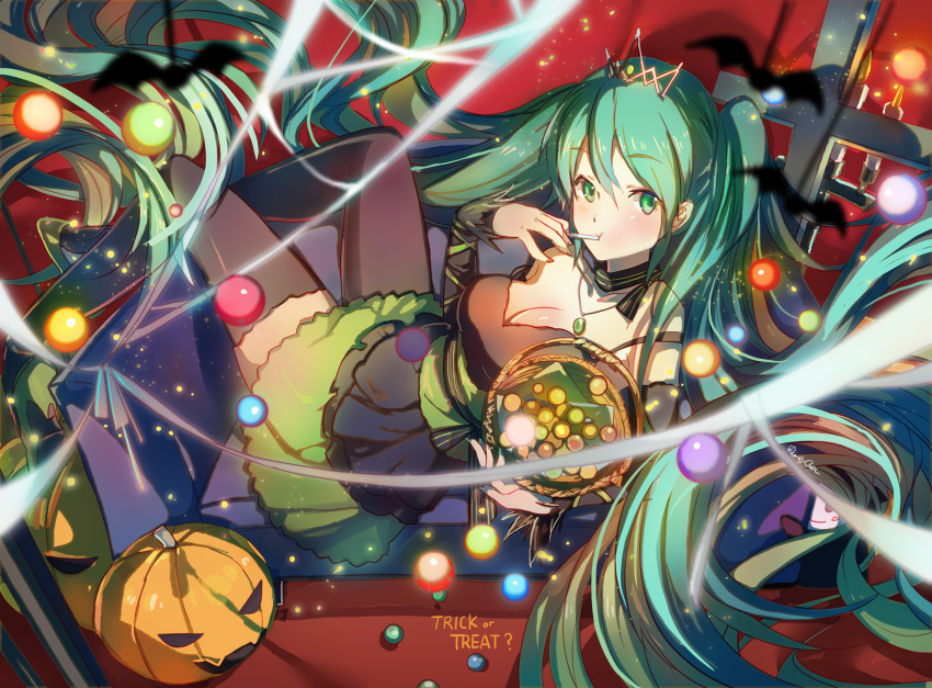 1girl absurdly_long_hair detached_sleeves green_eyes green_hair halloween hatsune_miku highres jack-o'-lantern jewelry long_hair looking_at_viewer necklace reclining shadowsinking skirt solo thigh-highs tiara trick_or_treat twintails very_long_hair vocaloid