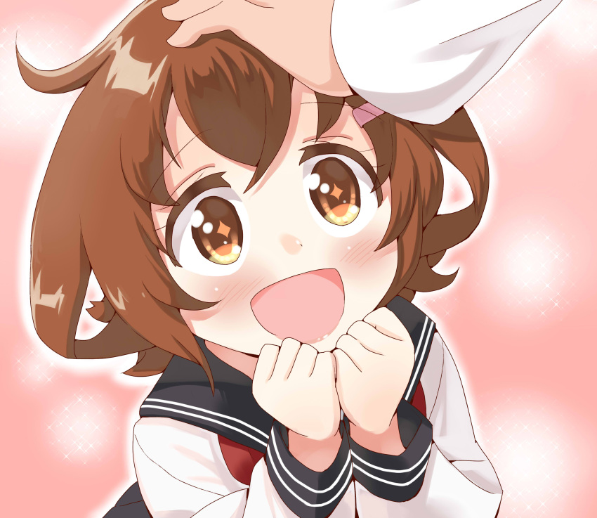 1girl :d absurdres admiral_(kantai_collection) blush brown_eyes brown_hair clenched_hands diamond-shaped_pupils excited fang hair_ornament hairclip hand_to_own_mouth happy highres ikazuchi_(kantai_collection) kantai_collection long_sleeves looking_at_viewer looking_up neckerchief open_mouth petting pov_hands school_uniform serafuku short_hair smile solo_focus sparkle symbol-shaped_pupils tonari_no_kai_keruberosu