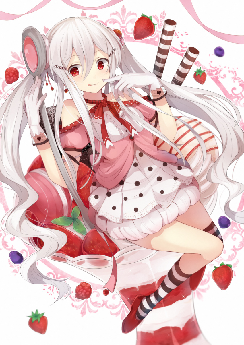 1girl :p bare_shoulders berries blueberry bubble_skirt food fruit gloves hair_between_eyes heart heart-shaped_pupils highres hiiragi_souren ice_cream kneehighs long_hair original pink_gloves raspberry red_eyes red_shoes shoes skirt smile solo spoon strawberry striped striped_legwear symbol-shaped_pupils tongue tongue_out twintails white_hair