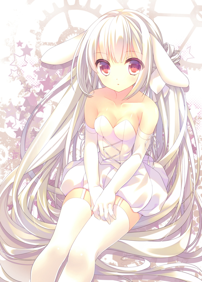 1girl albino animal_ears dress gloves highres long_hair nametake_noko original rabbit_ears red_eyes solo thigh-highs white_gloves white_hair white_legwear