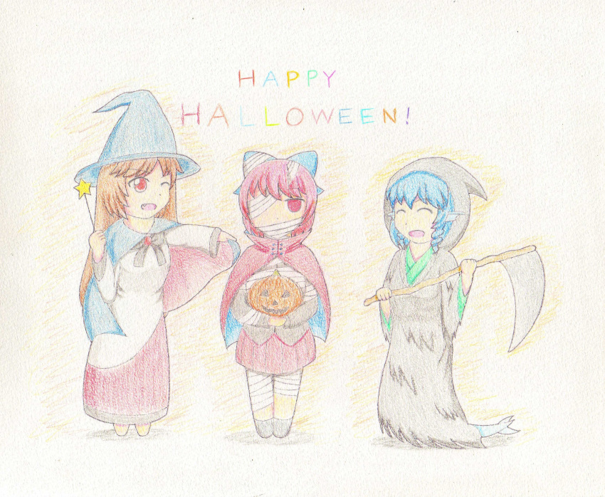 3girls absurdres black_shirt black_shoes blue_hair bow brooch brown_hair cape cloak colored_pencil_(medium) covering_one_eye curly_hair dress fang hair_bow halloween happy_halloween hat highres imaizumi_kagerou japanese_clothes jewelry kimono laughing long_hair looking_at_viewer mermaid monster_girl multiple_girls mummy_(cosplay) ne-sugi one_eye_closed open_mouth red_dress red_eyes red_skirt redhead scythe sekibanki shirt shoes short_hair skirt standing star touhou traditional_media wakasagihime wand white_dress witch witch_hat