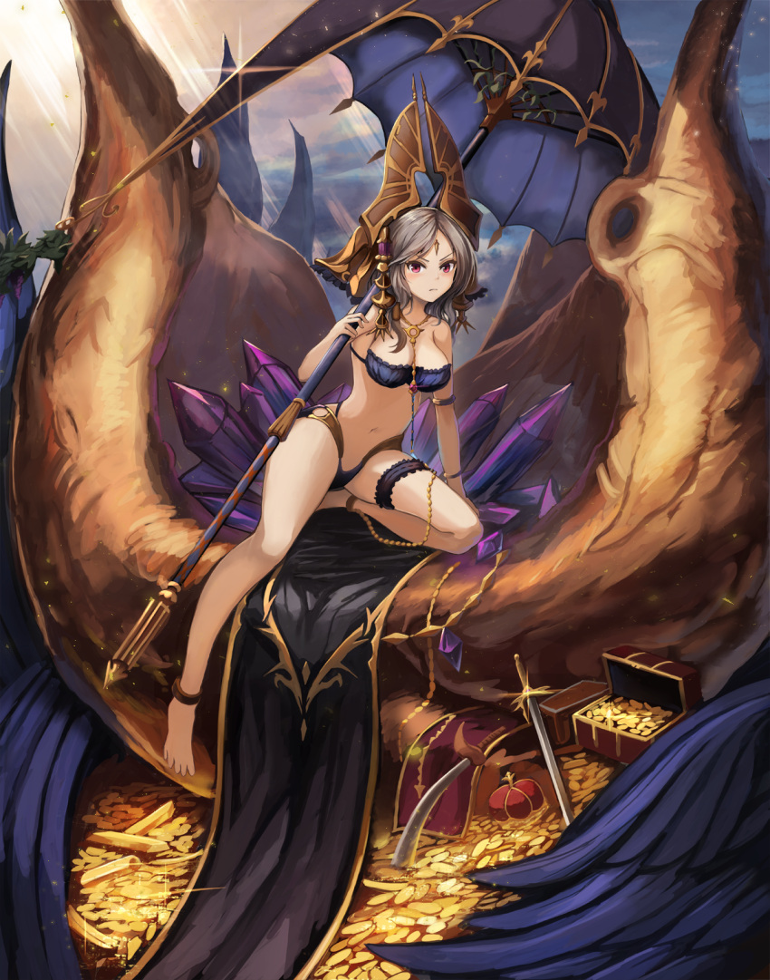 1girl anklet armlet bangs barefoot between_breasts blue_background blue_panties blush breasts chain cleavage closed_mouth clouds coin crown crystal eruthika feathers forehead_jewel frown full_body garters gold gold_bar gold_chain granblue_fantasy hair_ornament hair_tubes headwear headwear_removed highres holding_weapon jewelry lens_flare looking_at_viewer manonas navel necklace one_knee panties parted_bangs short_hair silver_hair sky solo striped sunlight sword thighlet treasure_chest underwear violet_eyes weapon