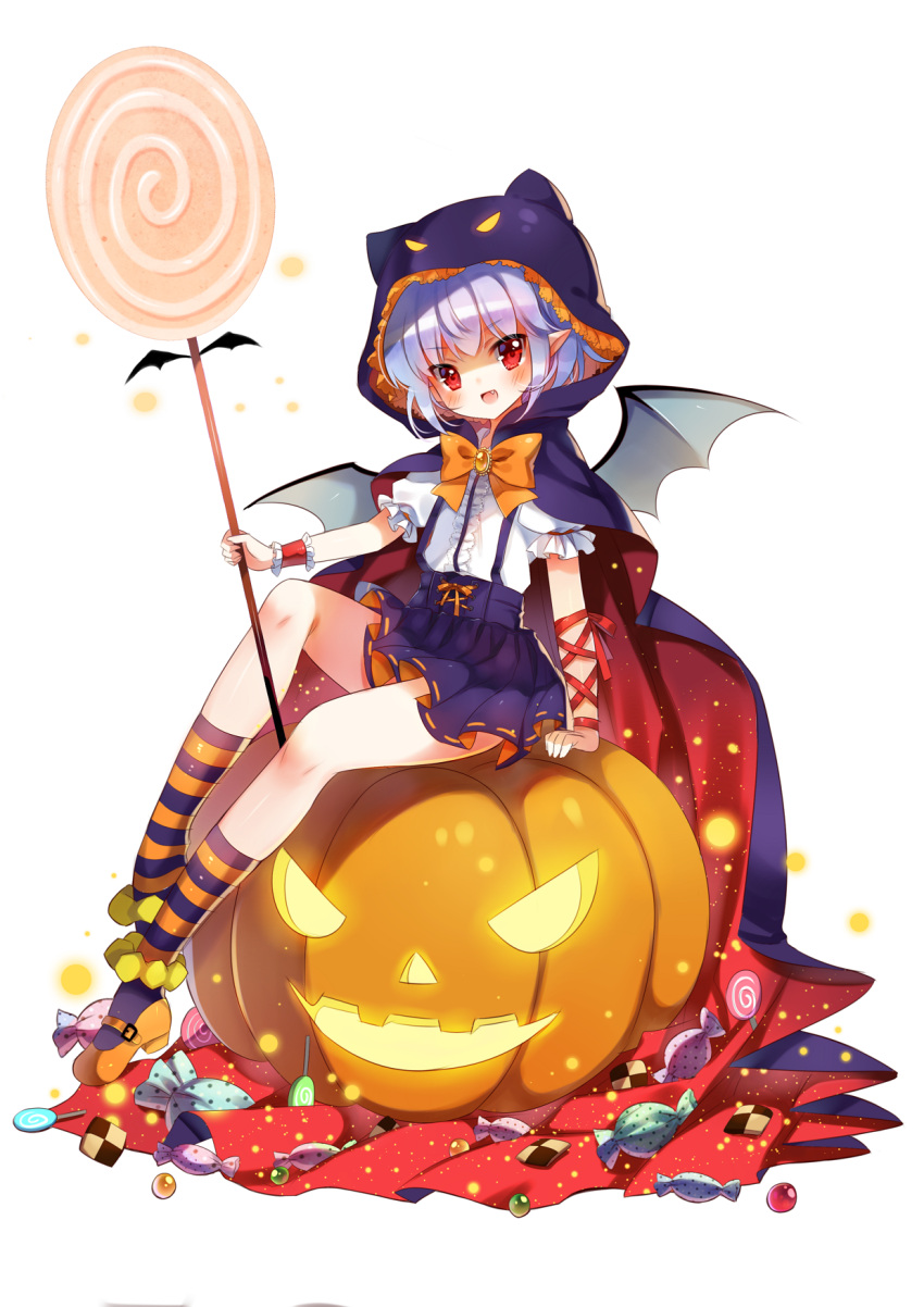 1girl alternate_costume animal_hood arm_ribbon bat_wings blue_hair blush bow brooch candy cat_hood cloak cookie fang food halloween halloween_costume highres hood jack-o'-lantern jewelry jiji_(381134808) lollipop looking_at_viewer mary_janes open_mouth red_eyes remilia_scarlet ribbon shoes short_hair simple_background sitting smile solo striped striped_legwear touhou white_background wings wrist_cuffs