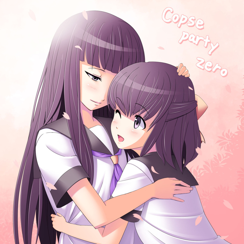 2girls bangs bow corpse_party corpse_party_zero hair_bow hair_ribbon hand_on_another's_head hasegawa_kaori hasegawa_shiho_(corpse_party) highres hime_cut hug long_hair looking_at_another multiple_girls nave petals purple_hair ribbon school_uniform serafuku siblings sisters smile violet_eyes