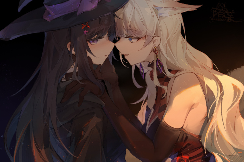 2girls a-soul absurdres animal_ears bella_(a-soul) blonde_hair blue_eyes blush brown_hair earrings eileen_(a-soul) elbow_gloves eyebrows_visible_through_hair fang fox_ears gloves hair_ornament hand_on_another's_chin hand_on_another's_shoulder highres jewelry long_hair looking_at_another looking_away looking_to_the_side moyu_marginal multiple_girls noses_touching parted_lips skin_fang star_(symbol) star_hair_ornament violet_eyes yuri