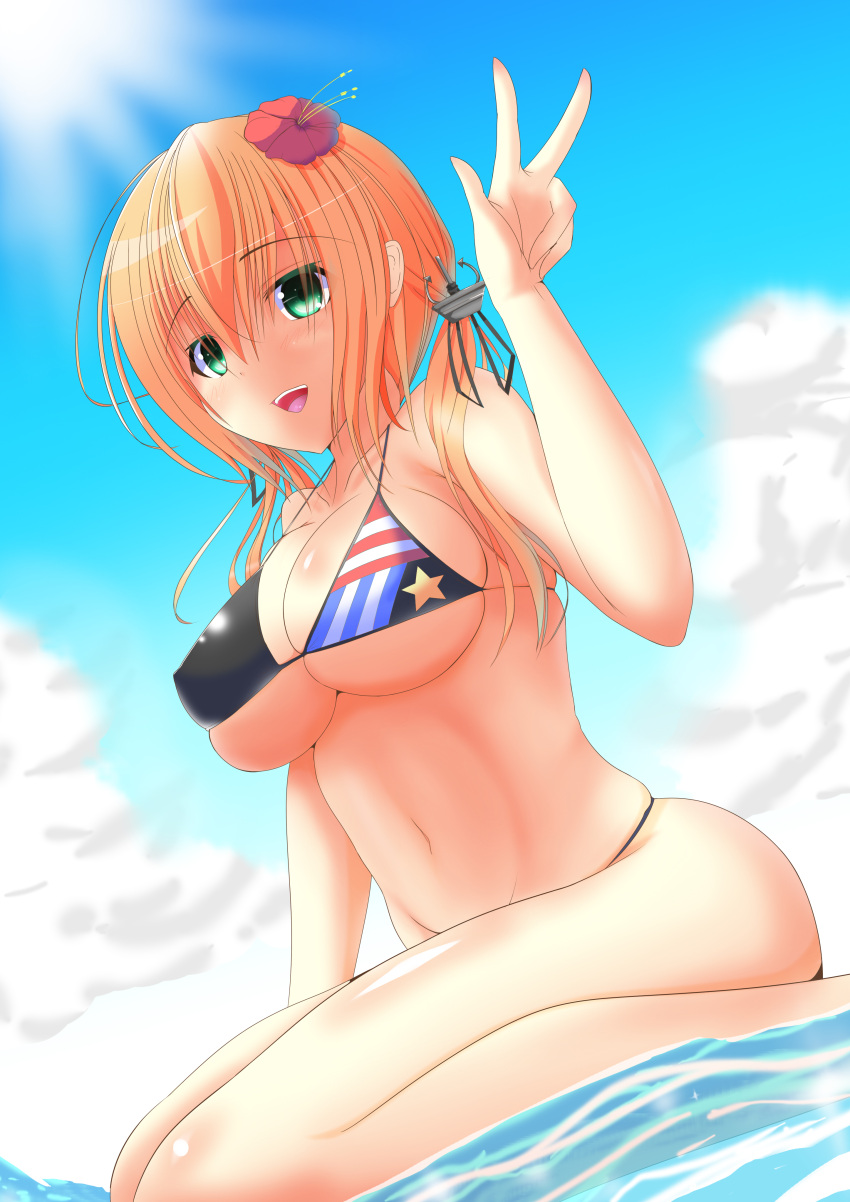 1girl :d absurdres bikini blonde_hair breasts bursting_breasts error flower green_eyes hair_flower hair_ornament highres kantai_collection large_breasts low_twintails open_mouth prinz_eugen_(kantai_collection) sitting smile swimsuit twintails wariza