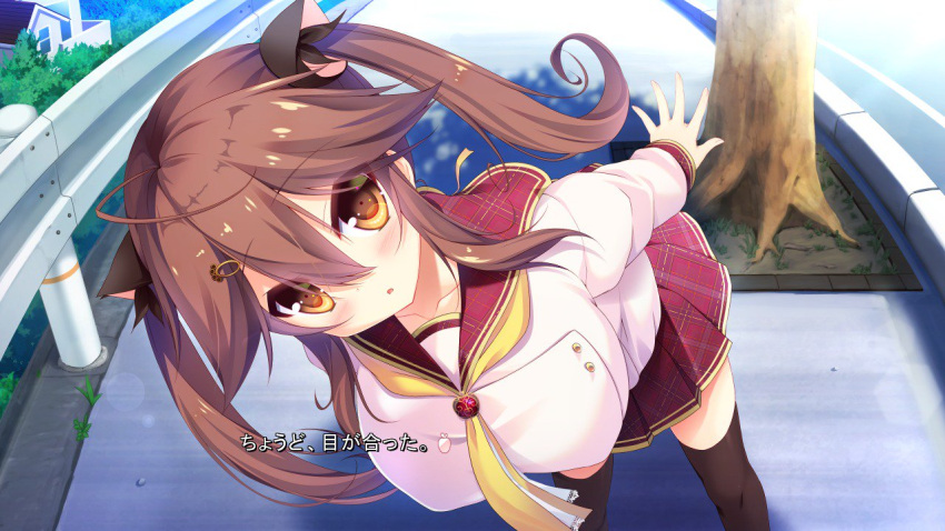 1girl :o bent_over black_legwear blush breasts brown_eyes brown_hair collarbone copyright_request hair_between_eyes hair_ornament hairclip house large_breasts looking_at_viewer outdoors outstretched_arms pink_shirt pleated_skirt red_skirt road sailor_collar shirt sidewalk skirt solo syroh thigh-highs translation_request tree two_side_up zettai_ryouiki