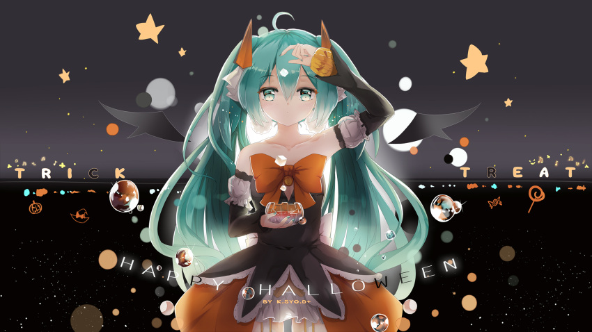 1girl :o ahoge aqua_eyes aqua_hair backlighting bow bowl bubble candy collarbone cowboy_shot cube detached_sleeves dress hair_between_eyes halloween_costume hand_on_head happy_halloween hatsune_miku highres k.syo.e+ lollipop long_hair long_sleeves looking_at_viewer nail_polish solo star strapless_dress sweets trick_or_treat twintails vertical_stripes very_long_hair vocaloid