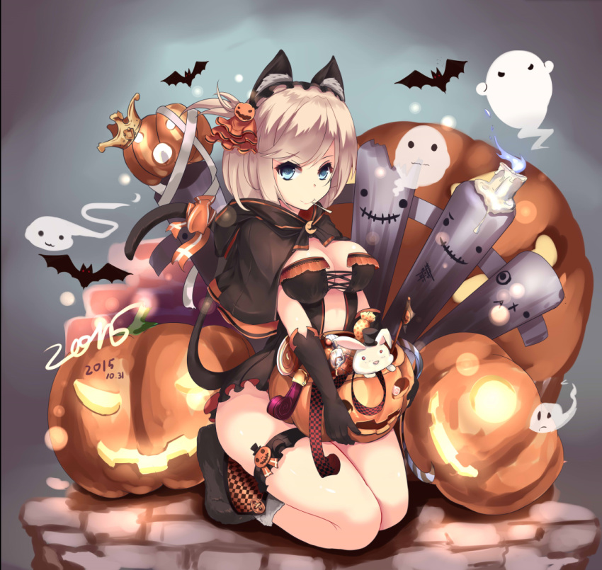 &gt;:t 1girl 2015 :d animal_ears bangs bat black_gloves blue_eyes blush breasts candle candy capelet cat_ears crown dated full_body ghost gloves hairband hat holding jack-o'-lantern leg_garter light_particles lolita_hairband mini_top_hat open_mouth original rabbit red_eyes ribbon short_hair smile solo squatting swept_bangs tail tail_ribbon top_hat x2