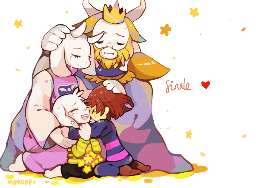 asgore_dreemurr asriel_dreemurr blonde_hair brown_hair chara_(undertale) closed_eyes crown english family father_and_son flower frisk_(undertale) heart hug jewelry kneeling momoppi mother_and_son pendant shirt smile spoilers striped striped_shirt tears toriel transparent transparent_background undertale what_if