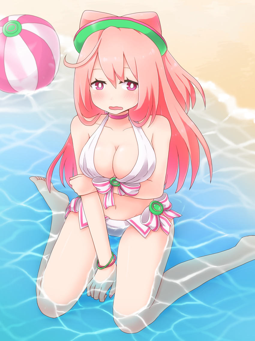 1girl absurdres ball beachball bikini blush breast_hold breasts cleavage hacka_doll hacka_doll_2 highres large_breasts long_hair looking_at_viewer navel open_mouth partially_submerged pink_eyes pink_hair sitting solo swimsuit wariza water wavy_mouth