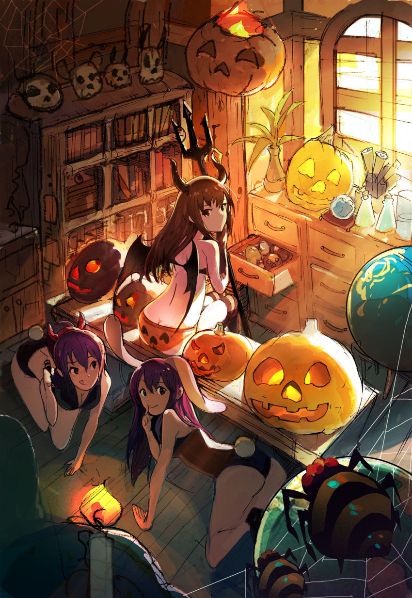 3girls :q all_fours animal_ears bench bookshelf breasts brown_hair bunny_tail candle demon_girl demon_horns demon_wings finger_to_mouth highres holding horns jack-o'-lantern marker multiple_girls on_floor original panties plant polearm ponytail pumpkin purple_hair rabbit_ears seiji1209 sitting sketch spider tail tongue tongue_out trident underwear weapon window wings