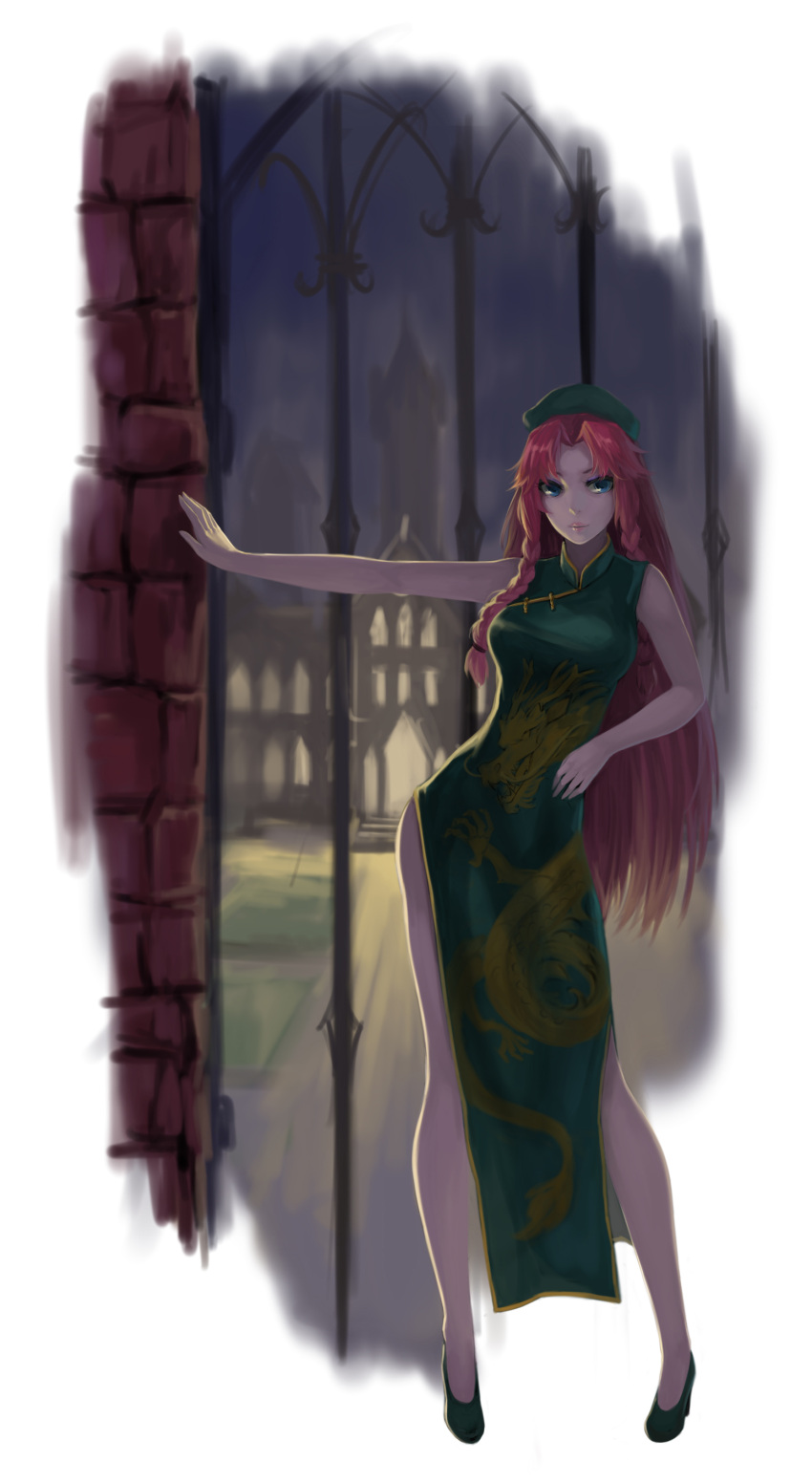 1girl absurdres alternate_costume backlighting bangs beret blue_eyes breasts china_dress chinese_clothes dragon_print fuuko_chan gate grass green_shoes hair_over_shoulder hand_on_hip hat high_heels highres hong_meiling lips long_hair long_legs looking_at_viewer night night_sky nose redhead scarlet_devil_mansion shoes side_slit sky solo stone_walkway taut_clothes taut_dress touhou very_long_hair