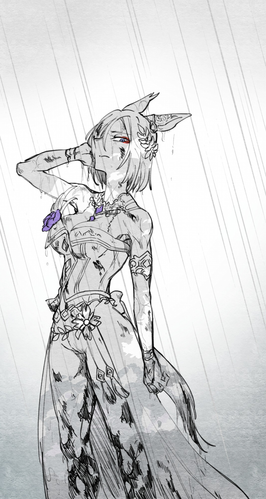 1girl air_groove_(umamusume) animal_ears bare_shoulders bridal_gauntlets cowboy_shot dirty dirty_clothes disdain ear_covers elbow_gloves flower gem gloves greyscale highres horse_ears horse_girl horse_tail looking_down monochrome official_alternate_costume purple_flower purple_rose rain rose solo spot_color tail takatsuki_nato umamusume violet_eyes wet wet_clothes