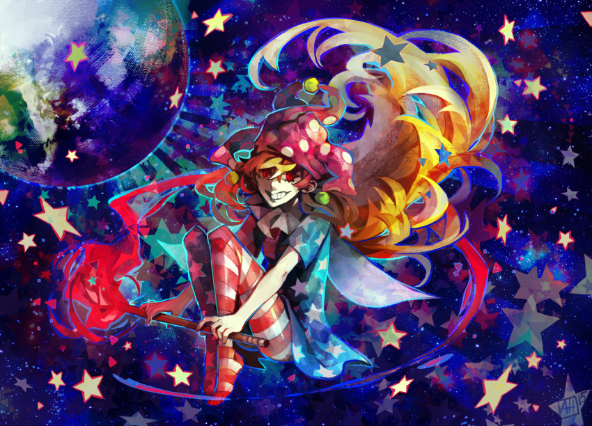 1girl american_flag_legwear american_flag_shirt arlmuffin big_hair blonde_hair clownpiece commentary danmaku dated earth fairy_wings grin hat jester_cap knees_up long_hair looking_at_viewer red_eyes signature small_breasts smile solo space spell_card star toes torch touhou very_long_hair wings