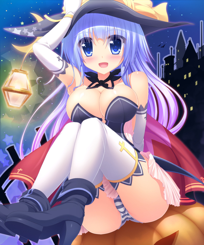 1girl arm_up armpits bare_shoulders blue_eyes blush boots breasts cape cleavage corsage elbow_gloves gloves halloween hand_on_headwear hat high_heel_boots high_heels highres jack-o'-lantern lantern large_breasts liya long_hair looking_at_viewer miniskirt open_mouth original panties silver_hair skirt sky smile solo star_(sky) starry_sky striped striped_panties thigh-highs thighs underwear upskirt very_long_hair white_gloves white_legwear witch_hat