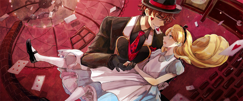 1boy 1girl alice_(wonderland) alice_in_wonderland apron black_gloves black_shoes blonde_hair blue_eyes bow brown_hair card character_request clock dress gloves grandfather_clock green_eyes hair_bow hair_ornament hairband hat heart highres kazuhito_(1245ss) long_hair long_image mouth_hold necktie open_mouth puffy_short_sleeves puffy_sleeves shoes short_sleeves thigh-highs white_legwear wide_image window