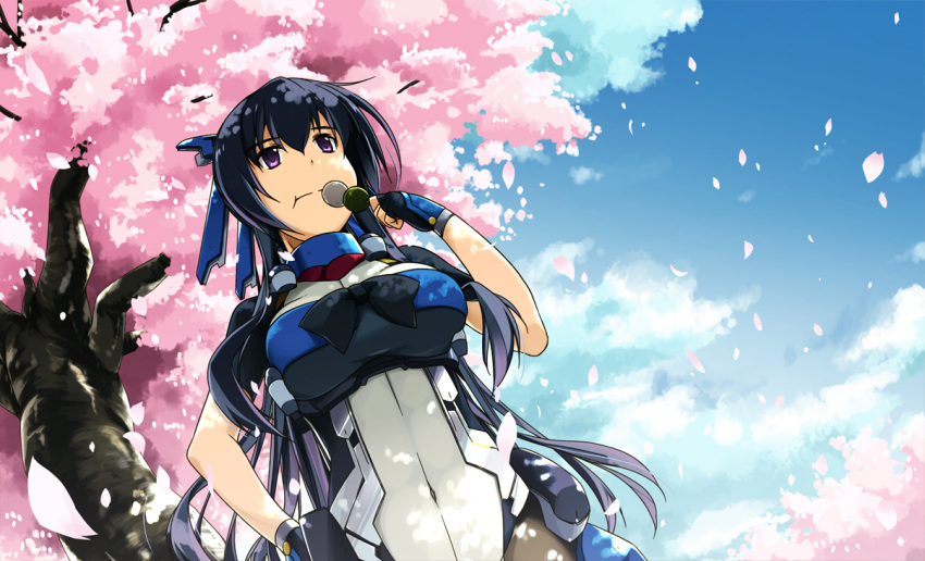 1girl blue_hair bodysuit bow breasts cherry_blossoms clouds covered_navel dango fingerless_gloves food gloves hand_on_hip honda_futayo kyoukaisenjou_no_horizon large_breasts long_hair pantyhose petals shikei sky solo violet_eyes wagashi