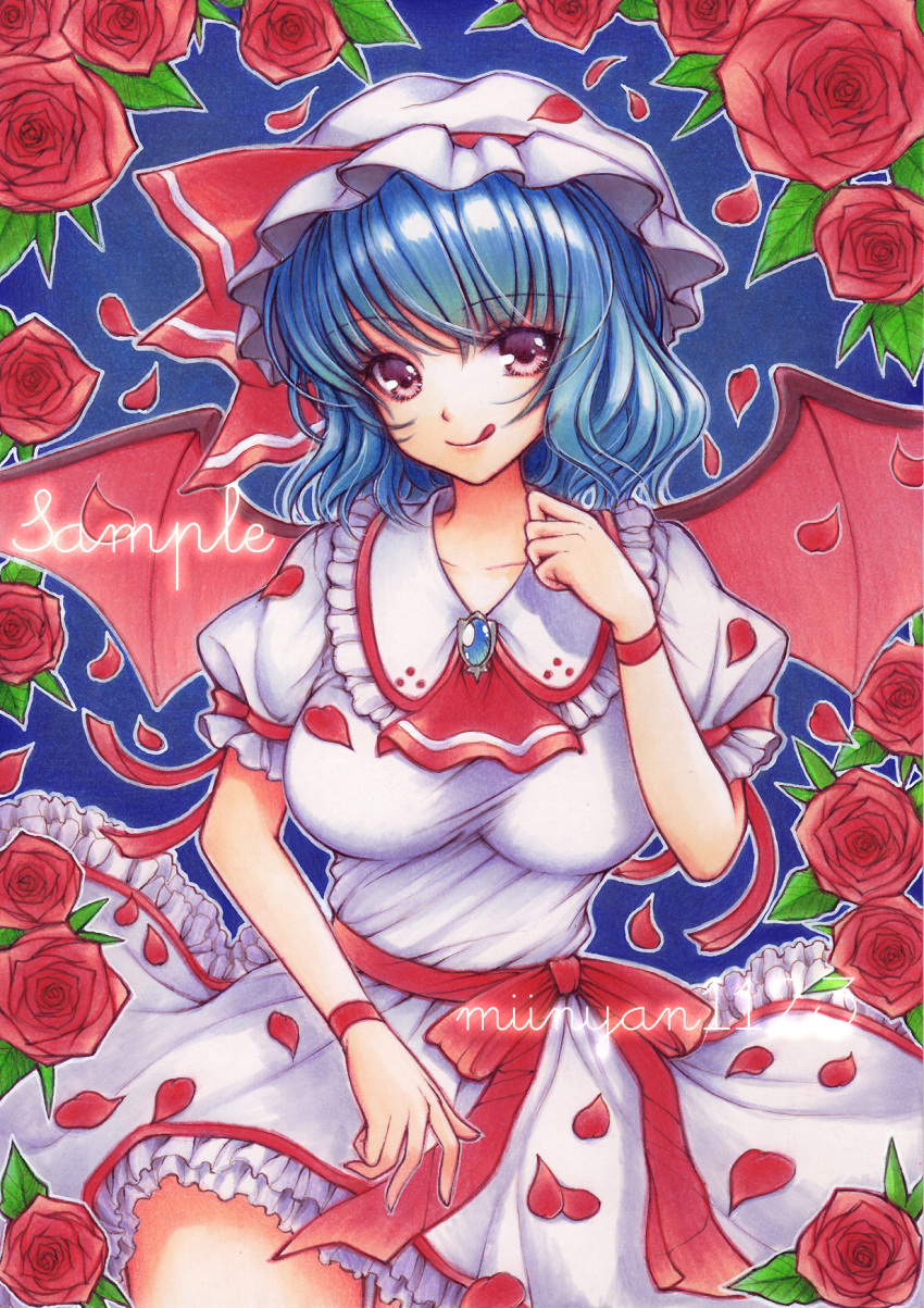 1girl bat_wings blue_hair breasts colored_pencil_(medium) flower frilled_shirt frilled_shirt_collar frilled_skirt frilled_sleeves frills hat hat_ribbon highres large_breasts licking_lips looking_at_viewer mii@chiffonx older petals puffy_short_sleeves puffy_sleeves red_eyes remilia_scarlet ribbon rose rose_petals sample short_hair short_sleeves skirt smile solo tongue tongue_out touhou traditional_media wings wrist_ribbon