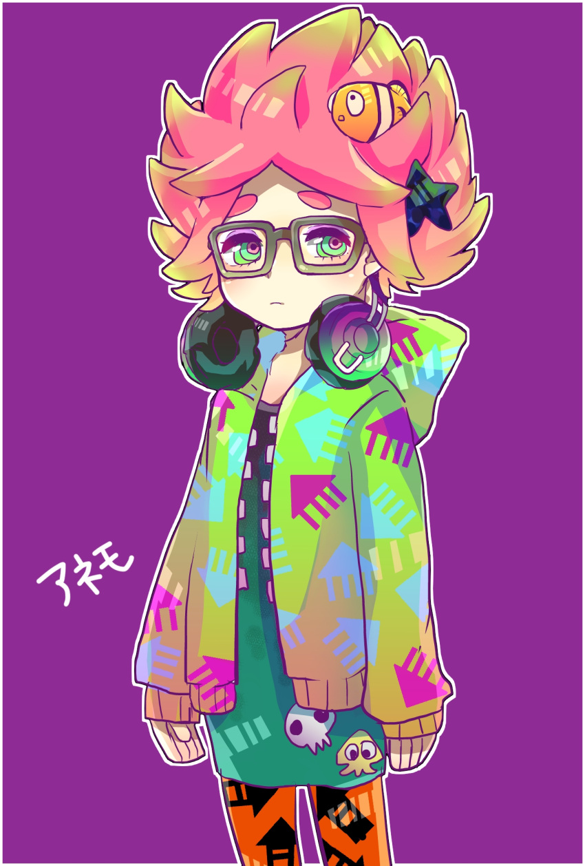 1girl anemo_(splatoon) animal_print black-framed_glasses character_name clownfish cowboy_shot dress eyeshadow fish glasses green_eyes hair_ornament headphones headphones_around_neck highres hoodie kumano_(splatoon) looking_at_viewer makeup orange_legwear pantyhose pink_hair purple_background seritarou short_hair solo splatoon standing star_hair_ornament tentacle_hair