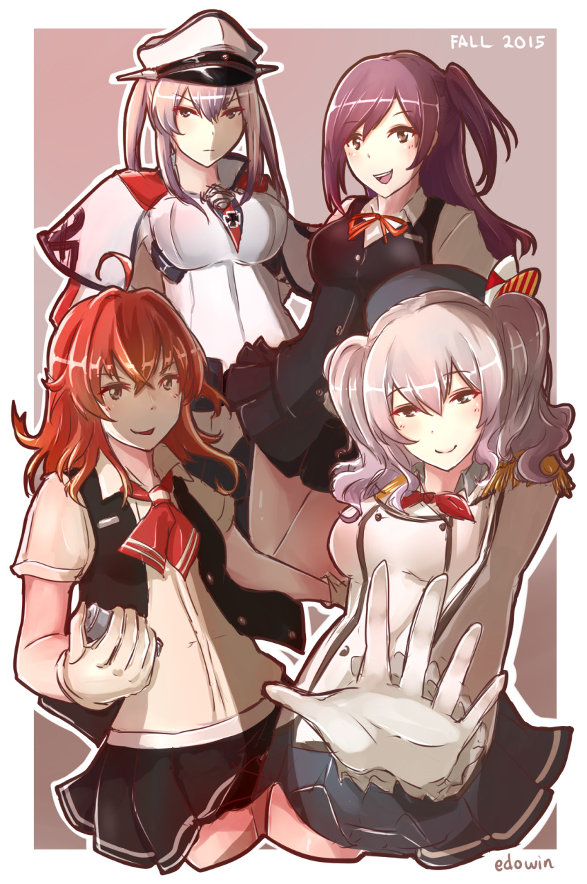 4girls :d ahoge arashi_(kantai_collection) beret blouse breasts buttons edwin_(cyberdark_impacts) epaulettes gloves graf_zeppelin_(kantai_collection) grey_eyes hagikaze_(kantai_collection) hair_between_eyes hat highres jacket kantai_collection kashima_(kantai_collection) kerchief large_breasts long_hair long_sleeves messy_hair miniskirt multiple_girls necktie open_mouth pleated_skirt purple_hair redhead short_hair short_sleeves side_ponytail silver_hair skirt smile tsurime twintails vest wavy_hair white_gloves yellow_eyes