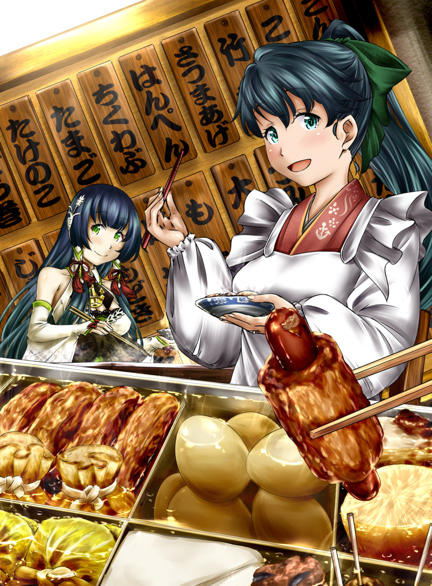 anchor_print anchor_symbol apron black_hair blue_eyes bow bowl breasts chopsticks cleavage collarbone commentary_request daikon detached_sleeves green_eyes hair_bow hair_ornament hair_tubes hardboiled_egg highres houshou_(kantai_collection) japanese_clothes kantai_collection kappougi lace long_hair long_sleeves menu_board mizuho_(kantai_collection) oden pigs_in_a_blanket ponytail smile translation_request wa_maid yuzu_momo