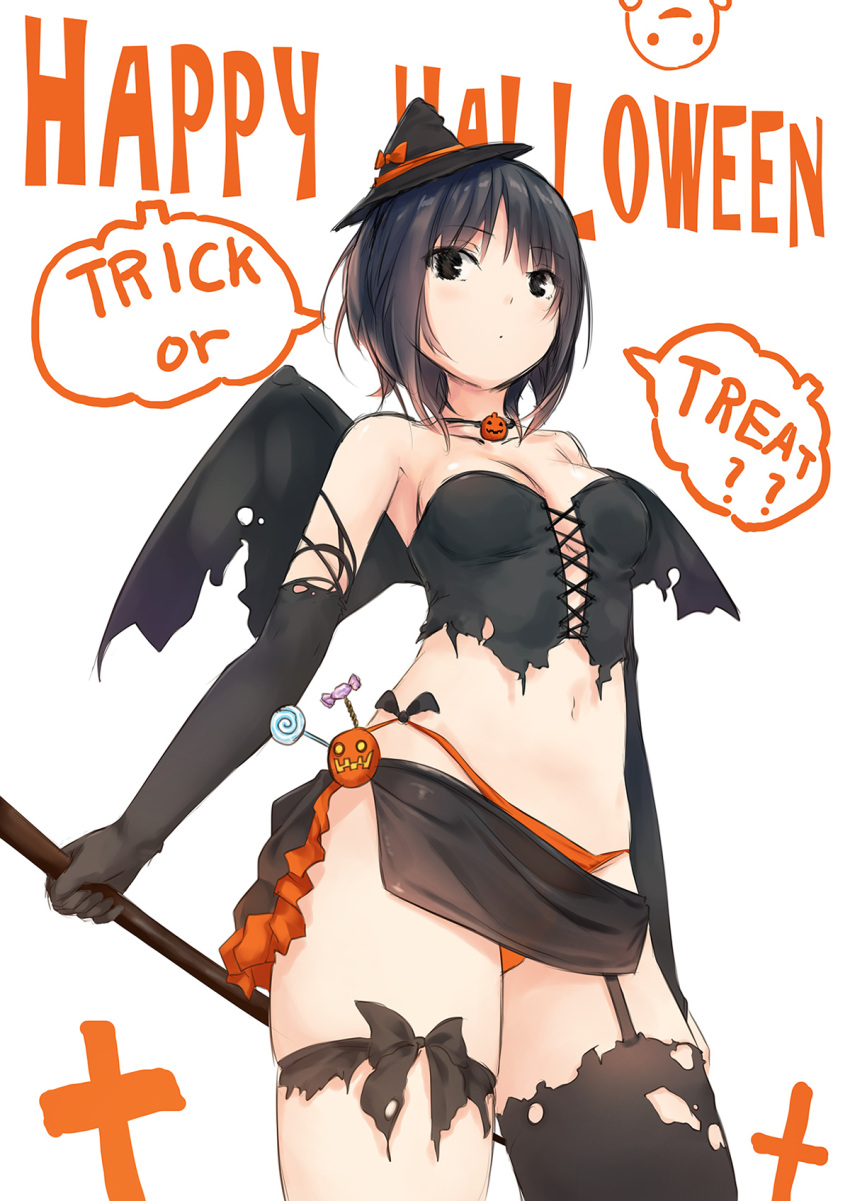 1girl aoyama_sumika bat_wings black_gloves black_hair black_legwear blush breasts brown_eyes choker cleavage coffee-kizoku corset elbow_gloves garter_straps gloves halloween hat highres looking_at_viewer mini_hat navel original short_hair single_thighhigh solo thigh-highs thigh_strap torn_clothes torn_thighhighs wings witch_hat