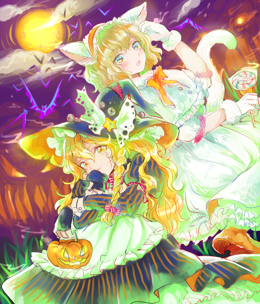 2girls adapted_costume alice_margatroid animal_ears apron bat black_dress black_gloves blonde_hair blue_eyes blush bolt boots bow braid candy capelet cat_ears cat_tail chin_rest clouds dress fake_animal_ears fingerless_gloves forest frilled_dress frills full_moon gloves grass hair_between_eyes hair_bow hairband halloween halloween_costume hat highres kirisame_marisa lollipop long_hair long_sleeves looking_at_viewer moon multiple_girls nature night night_sky open_mouth patches perspective reflective_eyes ribbon rosette_(roze-ko) scar shiny shiny_hair short_hair short_sleeves single_braid sketch sky smile striped striped_dress tail touhou tree white_dress white_gloves witch_hat yellow_eyes