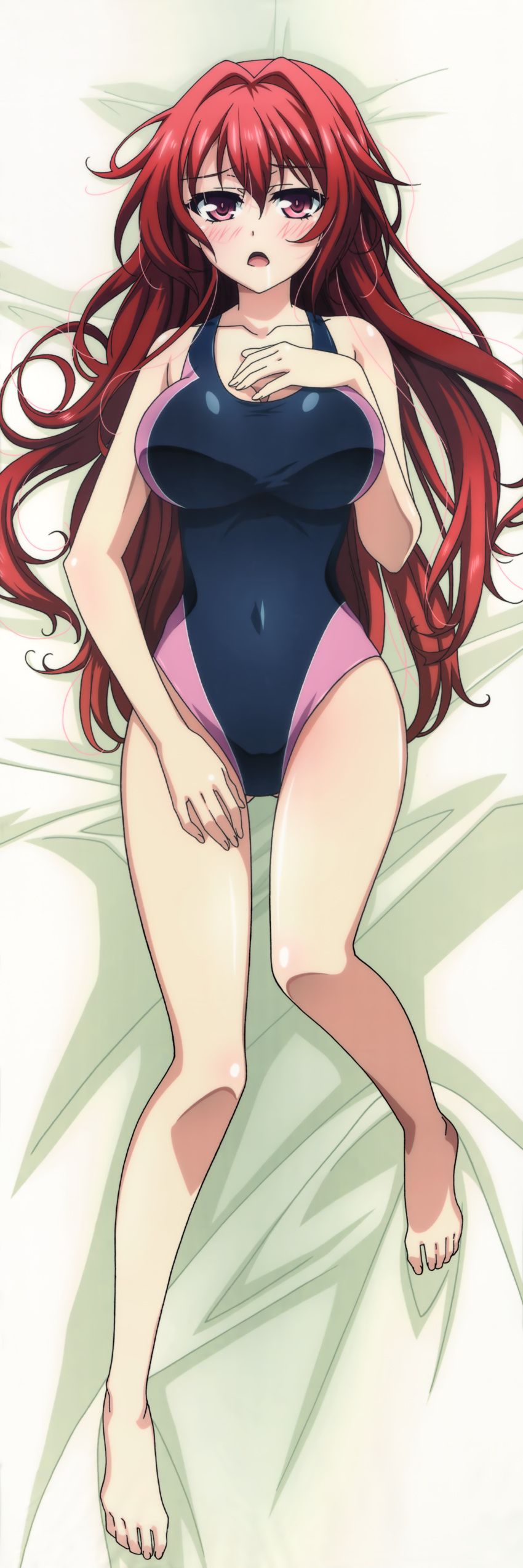 1girl absurdres barefoot blush breast_hold breasts cleavage dakimakura full_body highres huge_filesize long_hair naruse_mio open_mouth red_eyes redhead shinmai_maou_no_testament solo swimsuit