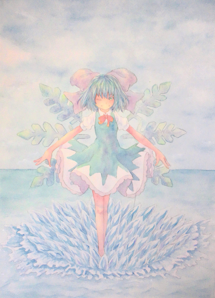 1girl alternate_wings barefoot blue_dress blue_eyes blue_hair bow cirno clouds cloudy_sky dress full_body hair_bow highres ice ice_wings large_bow light_smile looking_at_viewer miniskirt one_eye_closed outdoors outstretched_arms pink_sky puffy_short_sleeves puffy_sleeves red_bow red_ribbon ribbon short_hair short_sleeves skirt sky snowflakes solo standing touhou traditional_media water watercolor_(medium) wings yuyu_(00365676)
