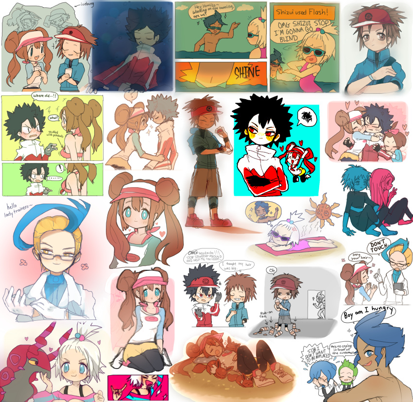 akuroma_(pokemon) alternate_costume beach blush brown_hair corn_(pokemon) crying dent_(pokemon) double_bun eevee glasses gloves gym_leader highres homika_(pokemon) hue_(pokemon) ichigo-tan knife kyouhei_(pokemon) leggings mei_(pokemon) multiple_boys multiple_girls ocean pantyhose pokemon pokemon_(creature) pokemon_(game) pokemon_bw pokemon_bw2 raglan_sleeves scolipede shizui_(pokemon) short_hair sketch sleeping solrock swimsuit touko_(pokemon) touya_(pokemon) twintails visor_cap white_hair