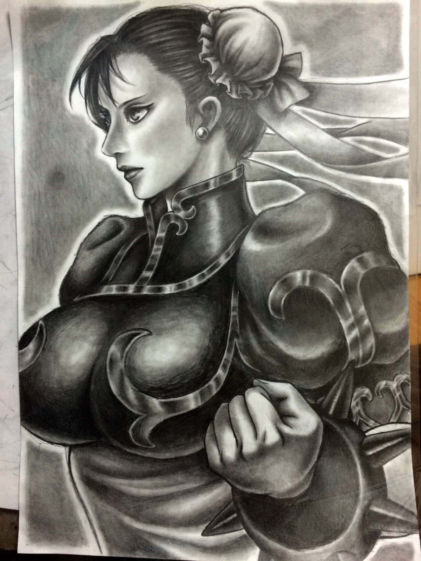 1girl absurdres bracelet breasts bun_cover chinese_clothes chun-li cleavage clenched_hand double_bun earrings filigree from_side graphite_(medium) hair_ribbon highres jewelry large_breasts lips maitamu monochrome photo picture_(object) real_life ribbon solo spiked_bracelet spikes street_fighter traditional_media upper_body