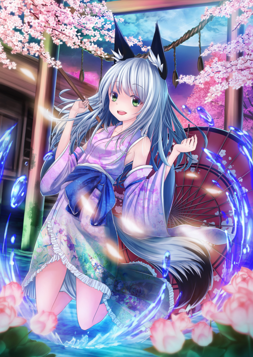 1girl animal_ears flower green_eyes highres holding_umbrella japanese_clothes long_hair moon open_mouth original pi-pie silver_hair solo tail tree water