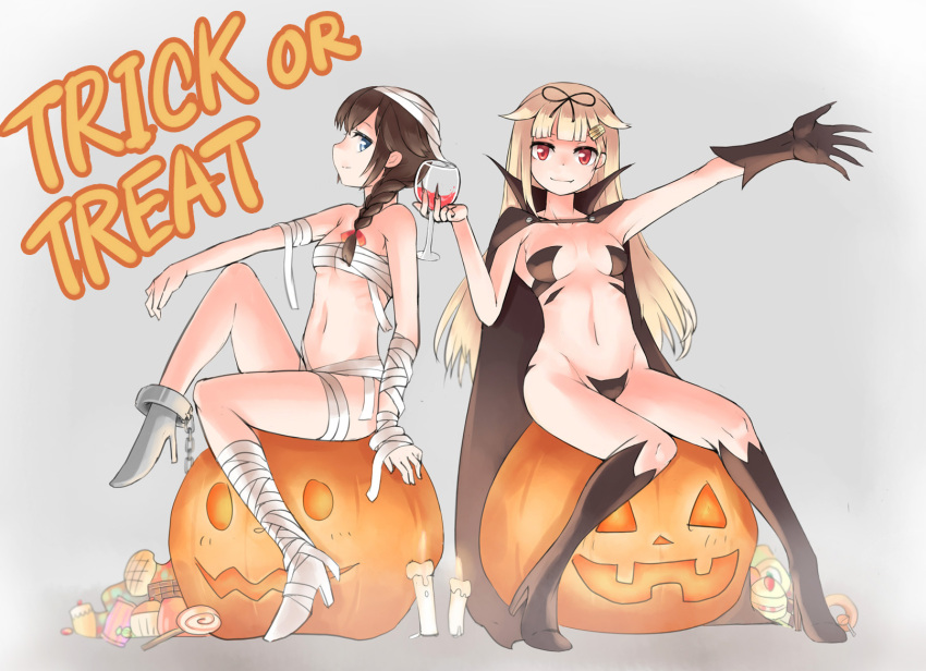 2girls bandages black_gloves blonde_hair boots braid breasts brown_hair budget_sarashi candle candy cape chain collarbone cosplay cuffs cup cupping_glass drinking_glass fang_out fingernails full_body gloves grey_background hair_flaps hair_ornament hair_ribbon hairclip halloween haru_(renol) highres jack-o'-lantern kantai_collection long_fingernails long_hair looking_at_viewer manacles mismatched_footwear multiple_girls mummy_(cosplay) naked_cape navel outstretched_arm outstretched_hand profile pumpkin red_eyes remodel_(kantai_collection) ribbon sarashi sharp_fingernails shigure_(kantai_collection) simple_background single_braid single_glove sitting small_breasts smile trick_or_treat vampire wine_glass yuudachi_(kantai_collection)