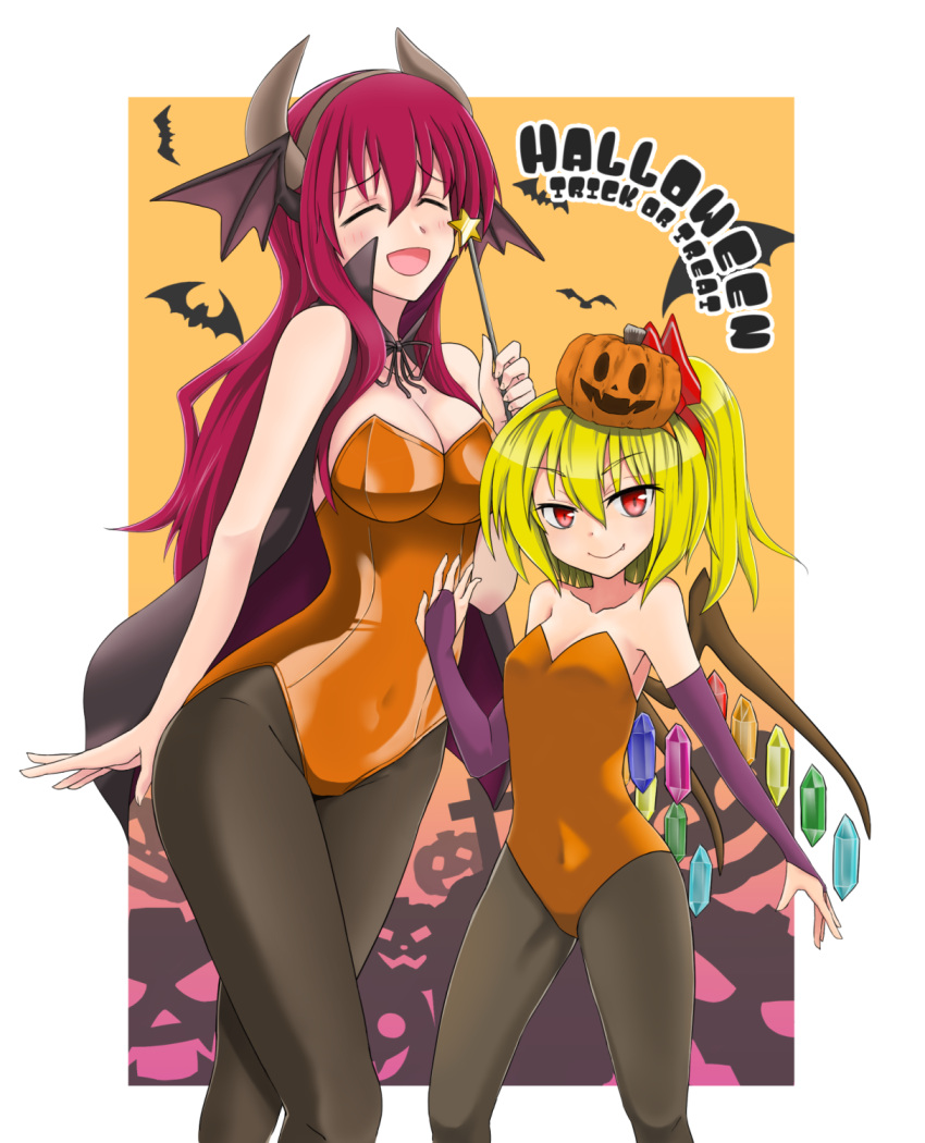 2girls 3692materia alternate_costume bare_shoulders bat_wings black_legwear blonde_hair blush breasts bridal_gauntlets cape cleavage fake_horns fang fang_out flandre_scarlet halloween halloween_costume head_wings highres jack-o'-lantern_hair_ornament koakuma large_breasts leotard long_hair looking_at_viewer multiple_girls open_mouth pantyhose red_eyes redhead short_hair side_ponytail smile touhou trick_or_treat wand wings
