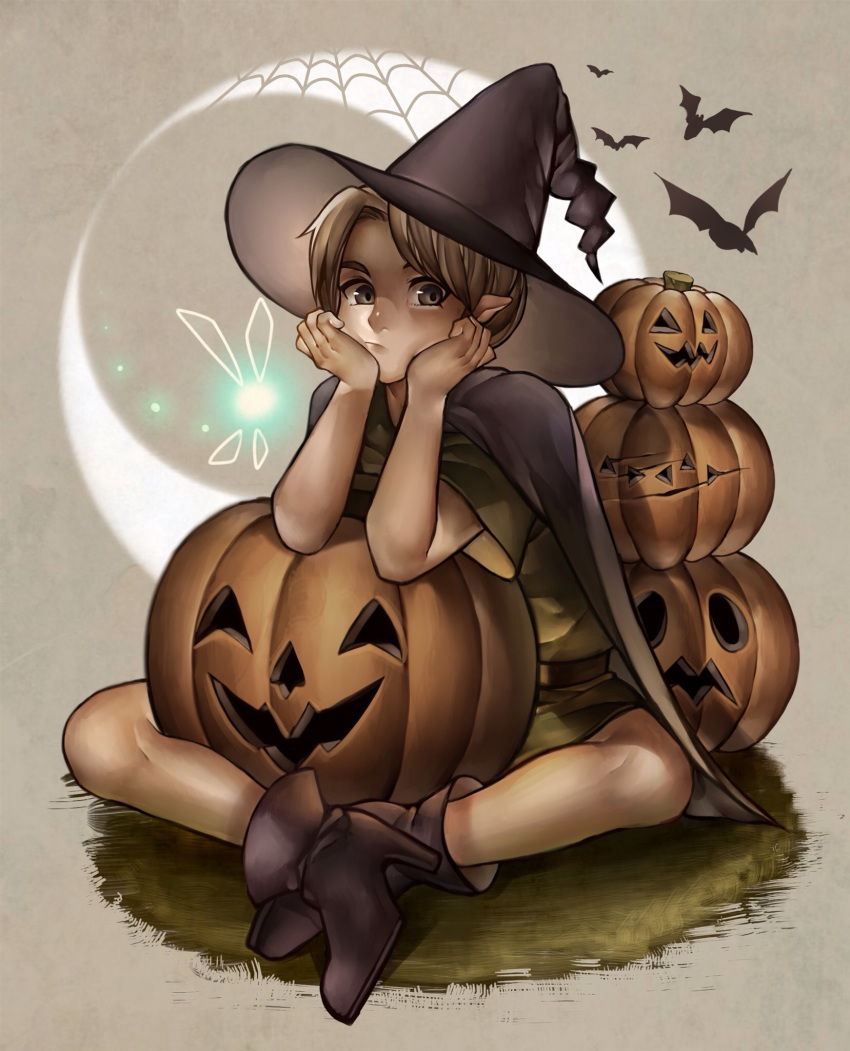 1boy bat black_eyes blonde_hair boots chin_rest directional_arrow full_body halloween hat high_heels highres jack-o'-lantern link looking_at_viewer navi neaze pointy_ears sitting the_legend_of_zelda witch_hat