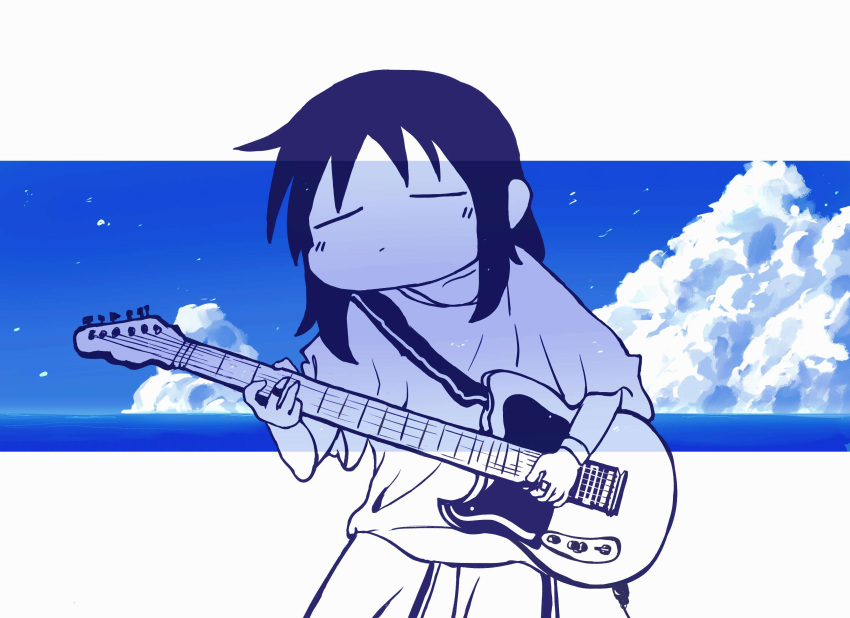 1girl absurdres blue_sky blush chito_(shoujo_shuumatsu_ryokou) closed_eyes closed_mouth clouds cowboy_shot cumulonimbus_cloud electric_guitar facing_viewer greyscale_with_colored_background guitar highres horizon instrument medium_hair music ocean playing_instrument shirt shoujo_shuumatsu_ryokou skirt sky solo stuffing_scone