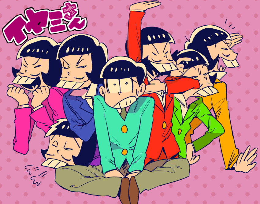 6+boys black_hair buck_teeth facial_hair formal heart heart_in_mouth highres indian_style iyami lying male_focus multiple_boys multiple_persona mustache on_stomach one_eye_closed osomatsu-kun osomatsu-san osomatsu_(osomatsu-kun) polka_dot polka_dot_background purple_background role_reversal shading_eyes sitting suit sweatdrop title_parody