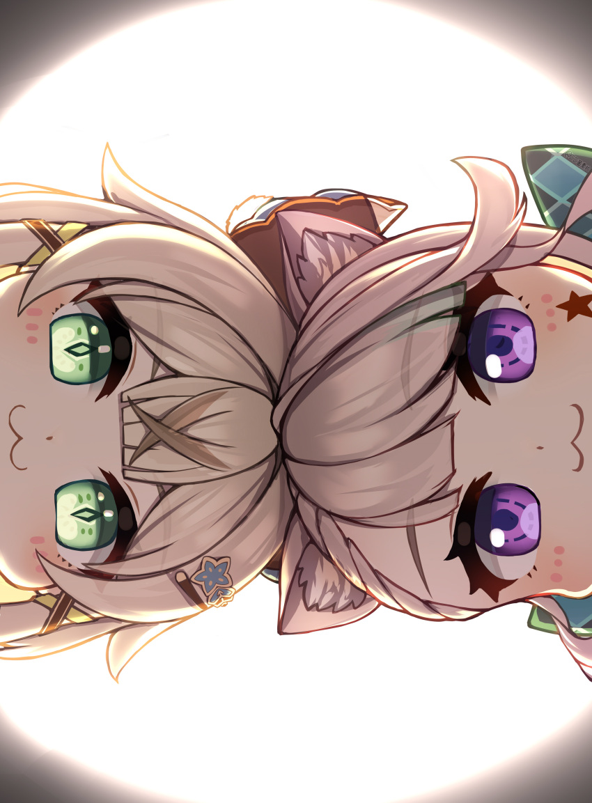 2girls :3 absurdres animal_ear_fluff animal_ears blonde_hair cat_ears cat_girl chibi chinese_commentary closed_mouth commentary_request dd_che_shen genshin_impact green_eyes grey_hair hair_between_eyes hair_ornament hairclip highres kirara_(genshin_impact) long_hair looking_at_viewer lynette_(genshin_impact) multiple_girls smile star_(symbol) star_hair_ornament violet_eyes