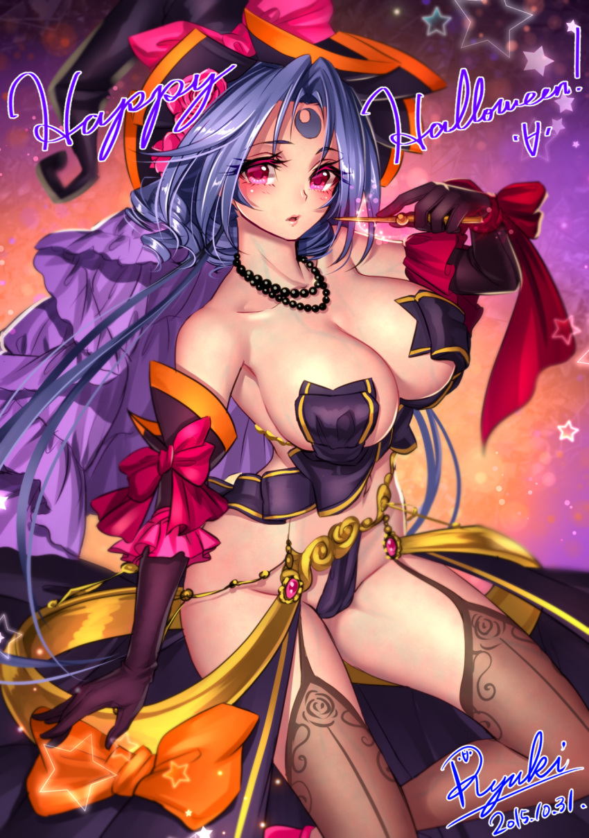 1girl 2015 artist_name black_gloves blue_hair bow breasts dated elbow_gloves facial_mark garters gloves halloween happy_halloween hat highres jewelry large_breasts looking_at_viewer necklace original pink_eyes ryuki@maguro-ex short_hair star thigh-highs witch_hat