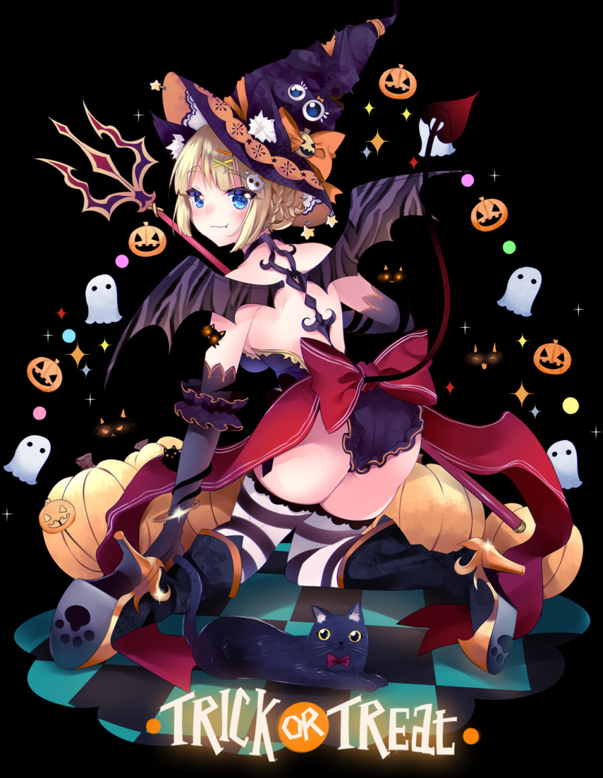 1girl animal_ears blonde_hair blue_eyes cat_ears demon_tail duji_amo elbow_gloves gloves halloween hat highres original short_hair solo striped striped_legwear tail thigh-highs wings witch_hat