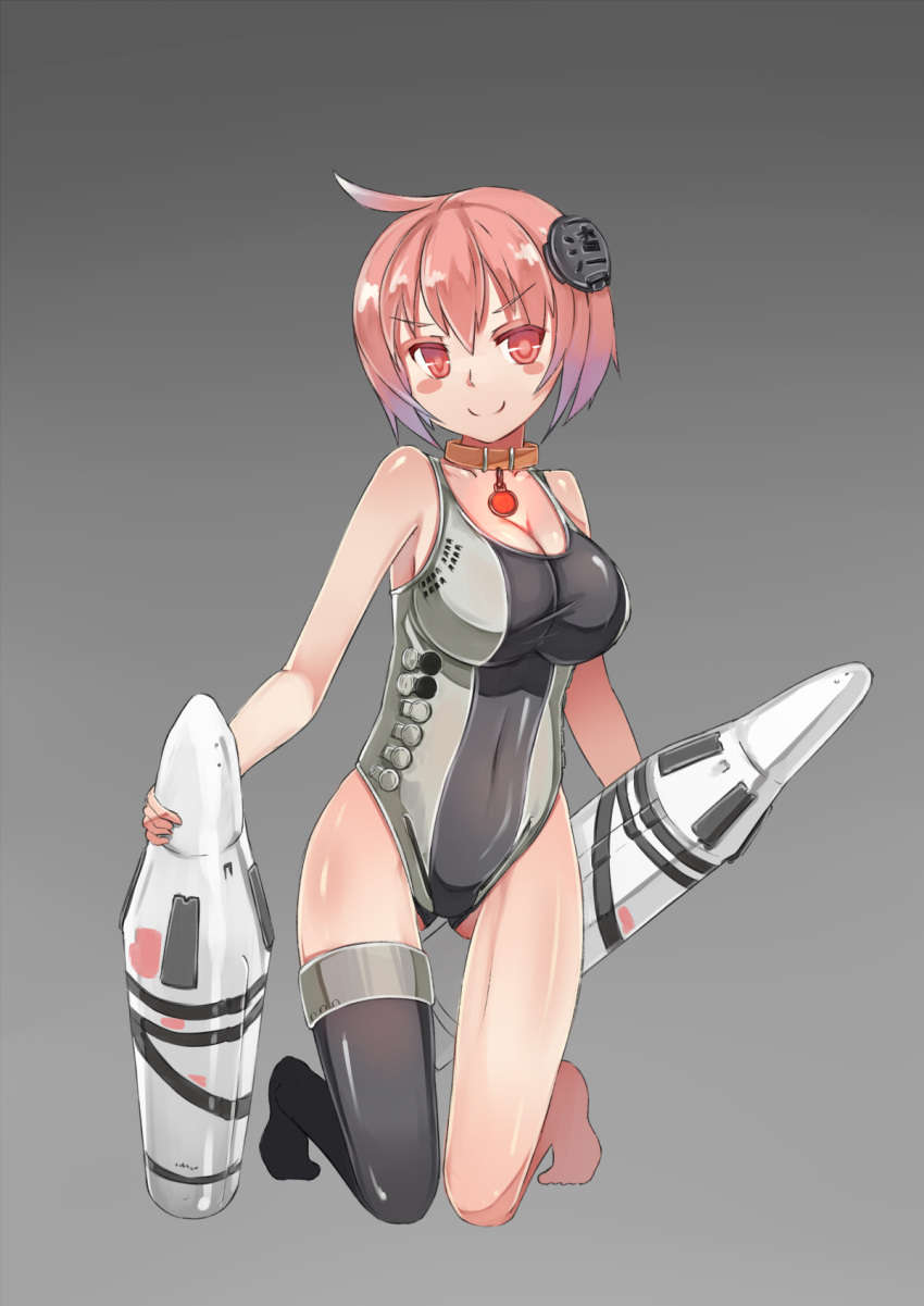 1girl breasts collar hair_ornament highres kantai_collection large_breasts looking_at_viewer missile one-piece_swimsuit original personification pink_eyes pink_hair single_thighhigh smile solo stmaster swimsuit thigh-highs weapon