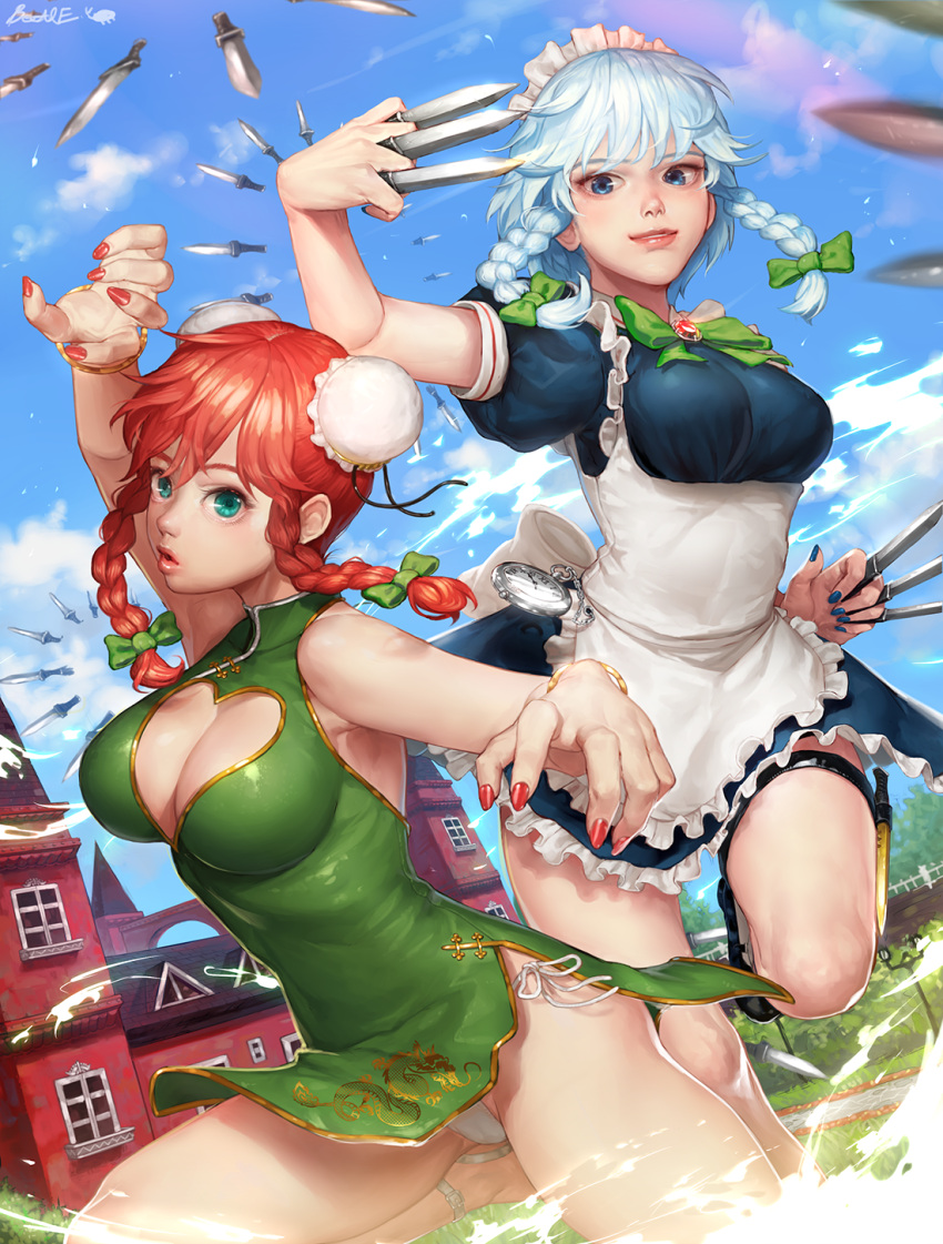 2girls alternate_costume alternate_hairstyle apron aqua_eyes aqua_hair blue_eyes bow bracelet braid breasts brooch bteele china_dress chinese_clothes cleavage cleavage_cutout double_bun fighting_stance fingernails frills hair_bow heart_cutout highres holster hong_meiling izayoi_sakuya jewelry knife lips maid maid_headdress multiple_girls nail_polish panties pantyshot pocket_watch puffy_short_sleeves puffy_sleeves redhead scarlet_devil_mansion short_sleeves side-tie_panties signature smile thigh_holster thigh_strap touhou twin_braids underwear waist_apron watch white_panties