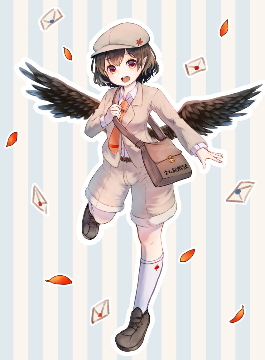 1girl :d alternate_costume bag belt black_hair blush feathered_wings hair_ornament hairclip hat highres jewelry kneehighs letter looking_at_viewer necklace open_mouth pointy_ears pyonsuke_(pyon2_mfg) red_eyes satchel shameimaru_aya short_hair shorts smile solo touhou white_legwear wings