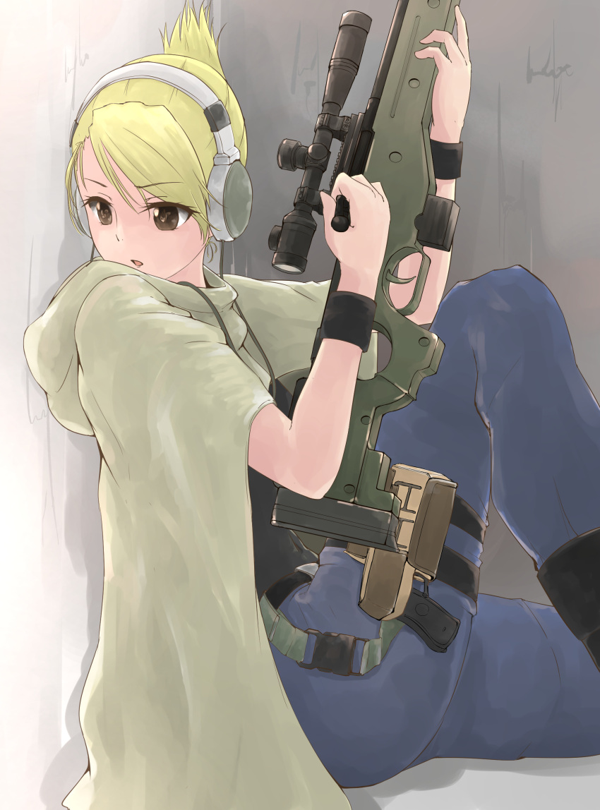 1girl absurdres armband black_boots blonde_hair boots brown_eyes cloak denim folded_ponytail fullmetal_alchemist gun headphones highres holster jeans military mizukuso pants riza_hawkeye scope sitting solo thigh_holster wall weapon weapon_request