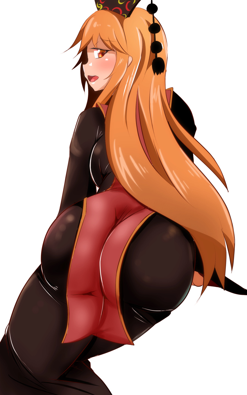 1girl absurdres ass black_dress blush chinese_clothes dress from_behind hat highres huge_ass junko_(touhou) long_hair looking_back lying on_side open_mouth orange_eyes orange_hair shiny shiny_clothes shiny_hair skin_tight solo tight touhou very_long_hair