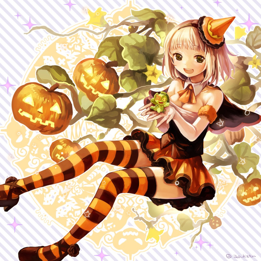 1girl :d ao_no_exorcist ascot blonde_hair breasts capelet cleavage collarbone detached_collar diagonal_stripes elbow_gloves familiar gloves green_eyes hairband high_heels jack-o'-lantern kaji_o_toranai looking_at_viewer moriyama_shiemi nii_(ao_no_exorcist) open_mouth pumpkin shoes skirt smile sparkle star striped striped_background striped_legwear thigh-highs twitter_username vines white_gloves