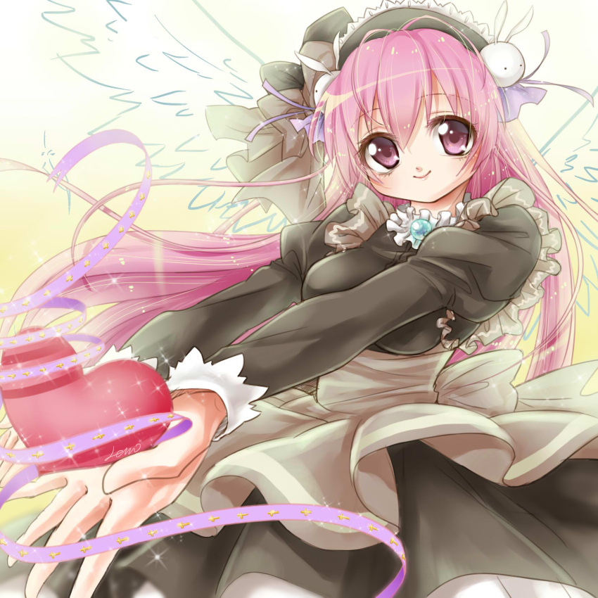 1girl black_dress bunny_hair_ornament dress frills hair_ornament heart highres juliet_sleeves leno^a^ long_hair long_sleeves looking_at_viewer misha outstretched_arms outstretched_hand petticoat pink_eyes pink_hair pita_ten puffy_long_sleeves puffy_sleeves purple_ribbon ribbon signature smile solo sparkle very_long_hair violet_eyes wings